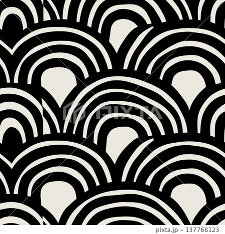 Black and beige geometric wave pattern design. Seamless geometric pattern featuring overlapping black arc shapes on a light background 137768123