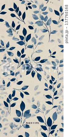 Seamless Japanese woodblock-style pattern with blue leaves. Seamless botanical pattern showing stylized branches and leaves on a textured beige background 137768168