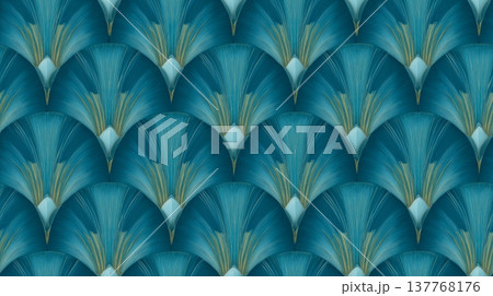 Art Deco seamless pattern with teal and gold fans. Elegant decorative pattern displaying repeating teal fan shapes with delicate golden lines Art Deco seamless pattern with teal and gold fans. Elegant decorative pattern displaying repeating teal fan shapes with delicate golden lines 137768176