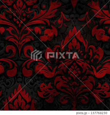 Dark red damask pattern on black background. Ornate gothic floral pattern creating a luxurious vintage texture Dark red damask pattern on black background. Ornate gothic floral pattern creating a luxurious vintage texture 137768230