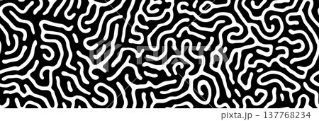Abstract reaction-diffusion pattern creating organic lines texture. Seamless black and white pattern featuring winding white lines on a dark background Abstract reaction-diffusion pattern creating organic lines texture. Seamless black and white pattern featuring winding white lines on a dark background 137768234