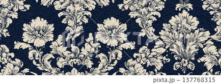 Seamless floral damask pattern with scroll motifs. Elegant damask pattern creating a luxurious seamless background on dark blue Seamless floral damask pattern with scroll motifs. Elegant damask pattern creating a luxurious seamless background on dark blue 137768315
