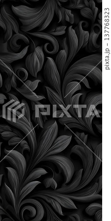 Dark seamless ornate pattern with foliage texture. Dark seamless intricate foliage pattern creating an elegant embossed texture background 137768323