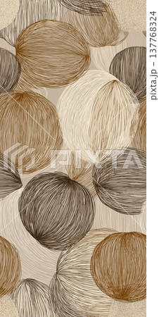 Abstract seamless repeat pattern with swirling circles in natural tones. Abstract seamless repeat pattern featuring swirling circular shapes over a linen texture background 137768324