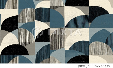 Abstract arch pattern with vintage blue and black shapes. Seamless repeating pattern creating a geometric landscape with textured elements 137768339