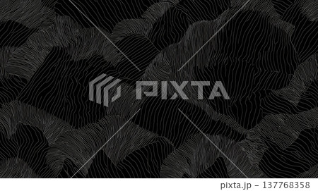 Dark topographic contour lines creating abstract mountain landscape. Minimalist contour lines forming a seamless abstract background with dark mountain shapes Dark topographic contour lines creating abstract mountain landscape. Minimalist contour lines forming a seamless abstract background with dark mountain shapes 137768358