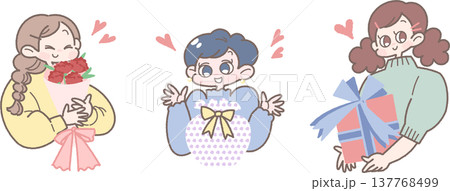 プレゼントをもらって嬉しそうな笑顔の女性のイラスト3人セット 137768499
