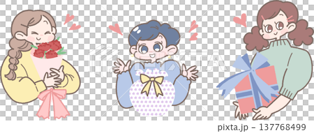 プレゼントをもらって嬉しそうな笑顔の女性のイラスト3人セット 137768499