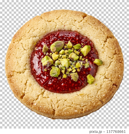 Delicious cookie with raspberry jam, pistachios, and powdered sugar, perfect for gifting 137768661