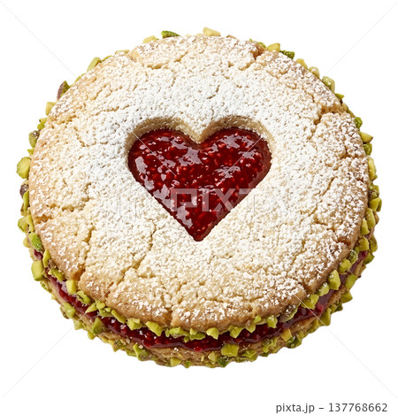 Sweet cookie filled with raspberry jam, topped with crushed pistachios and a dusting of powdered sugar, isolated Sweet cookie filled with raspberry jam, topped with crushed pistachios and a dusting of powdered sugar, isolated 137768662