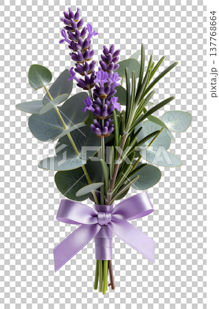 Rustic herbal bouquet of fresh lavender, eucalyptus, and rosemary sprigs tied with a purple ribbon, perfect for aromatherapy and nature themes Rustic herbal bouquet of fresh lavender, eucalyptus, and rosemary sprigs tied with a purple ribbon, perfect for aromatherapy and nature themes 137768664