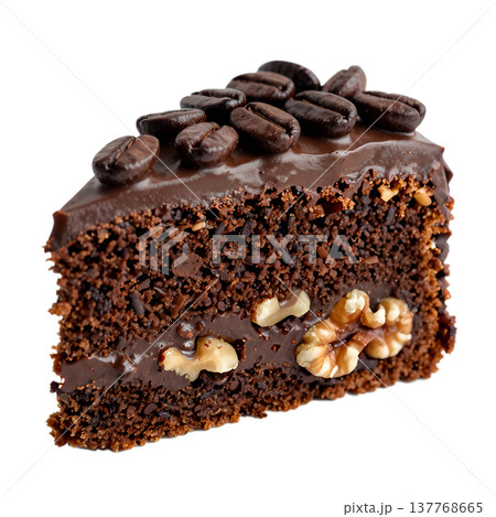 Generous slice of rich chocolate coffee cake studded with crunchy walnut pieces, perfect for dessert lovers and coffee pairings, isolated Generous slice of rich chocolate coffee cake studded with crunchy walnut pieces, perfect for dessert lovers and coffee pairings, isolated 137768665