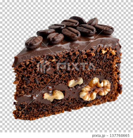 Generous slice of rich chocolate coffee cake studded with crunchy walnut pieces, perfect for dessert lovers and coffee pairings, isolated 137768665