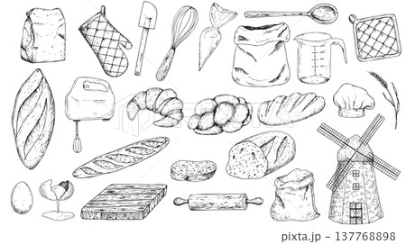 Vector big bakery set. Graphic ink, loaf food, rolling pin, cutting board, measuring cup, ear of wheat, grain, slice of bread, ciabatta, baguette. Bun illustration isolated on background. Hand drawn 137768898