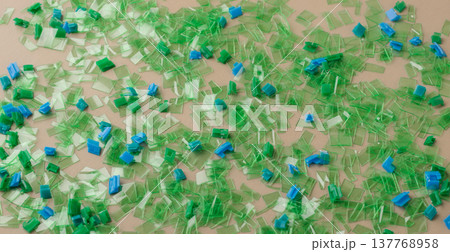 Plastic waste fragments causing environmental pollution and recycling issues 137768958