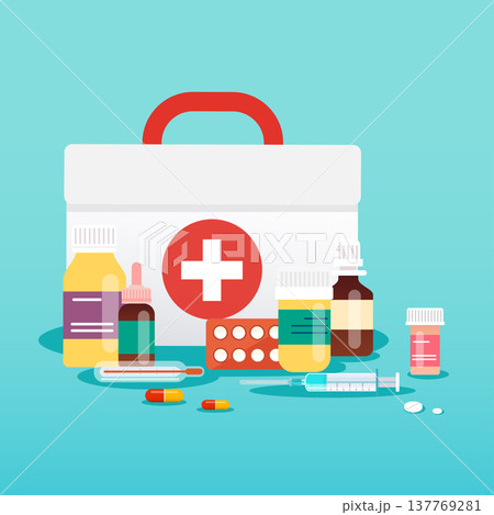 Medical concept. Pills and bottles. Flat design style modern vector illustration concept. Medical concept. Pills and bottles. Flat design style modern vector illustration concept. 137769281