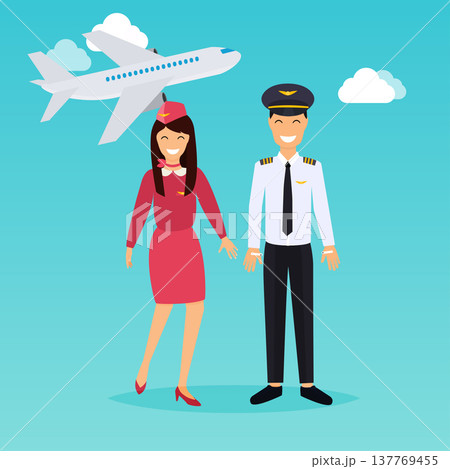 Pilot and stewardess in uniform in flat design. Flat design modern vector illustration concept. Pilot and stewardess in uniform in flat design. Flat design modern vector illustration concept. 137769455