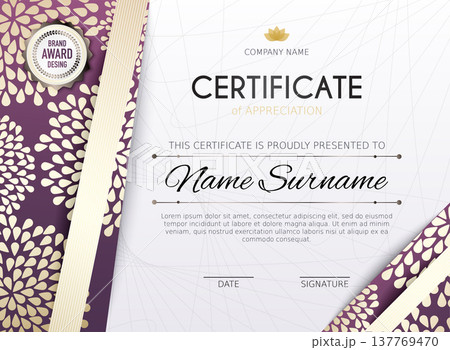 Certificate template with golden decoration element. Design diploma graduation, award. Vector illustration. Certificate template with golden decoration element. Design diploma graduation, award. Vector illustration. 137769470