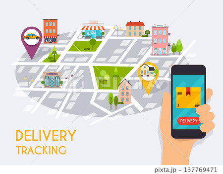 Hand holding mobile smart phone with app delivery tracking. Vector modern flat creative info graphics design on application. Hand holding mobile smart phone with app delivery tracking. Vector modern flat creative info graphics design on application. 137769471