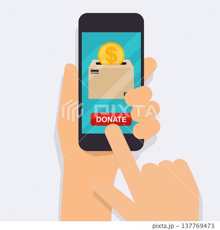 Hand holding mobile smart phone with donation money. Concept for charity online service.  Flat vector illustration. 137769473