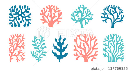 Abstract coral reef element set in organic shapes and vibrant colors, Matisse inspired summer marine designs Abstract coral reef element set in organic shapes and vibrant colors, Matisse inspired summer marine designs 137769526