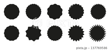 Black circle stickers. Star burst shape tags for price, shops set. Wavy edge promo black badges. Vintage flat labels. Blank sale stickers, simple silhouette. Graphic illustration. 137769586