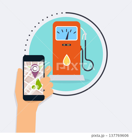 Hand holding mobile smart phone with application search gas station. Find closest on city map. Flat design style modern vector illustration concept. 137769606