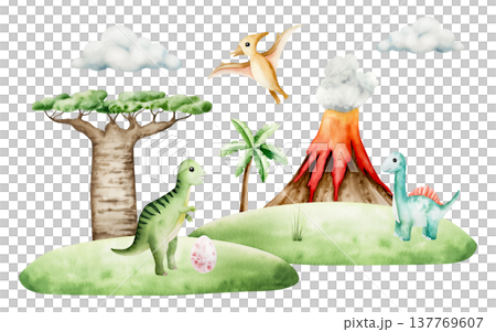 Scene with dinosaurs, volcano eruption, baobab, pterodactyl, dino egg, clouds. Watercolor hand drawn prehistoric triceratops, diplodocus, Spinosaurus, Brachiosaurus animal. Isolated illustration on 137769607