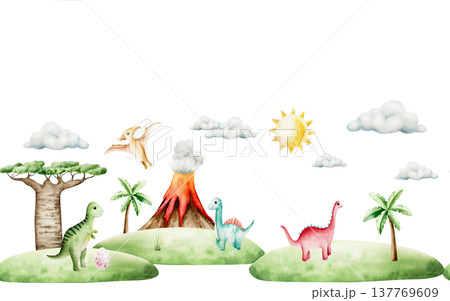 Cute seamless border with dinosaur in tropical leaves and palm tree. Watercolor hand drawn cloud, baobab, sun, prehistoric diplodocus, Brachiosaurus animal. Isolated illustration on transparent 137769609