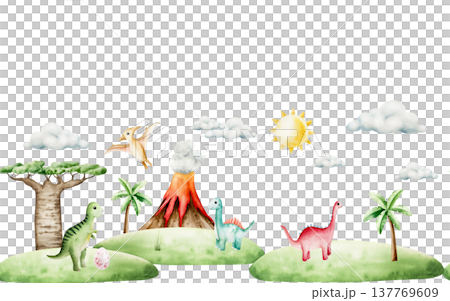 Cute seamless border with dinosaur in tropical leaves and palm tree. Watercolor hand drawn cloud, baobab, sun, prehistoric diplodocus, Brachiosaurus animal. Isolated illustration on transparent 137769609