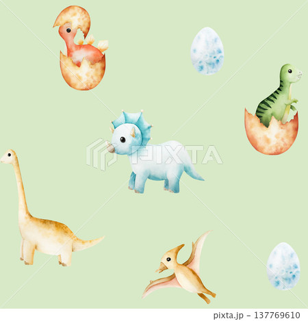 Cute dinosaur seamless pattern, dino hatched from an egg. Watercolor hand drawn prehistoric Tyrannosaurus Rex animal. Isolated illustration on transparent background. Perfect for for nursery and baby Cute dinosaur seamless pattern, dino hatched from an egg. Watercolor hand drawn prehistoric Tyrannosaurus Rex animal. Isolated illustration on transparent background. Perfect for for nursery and baby 137769610