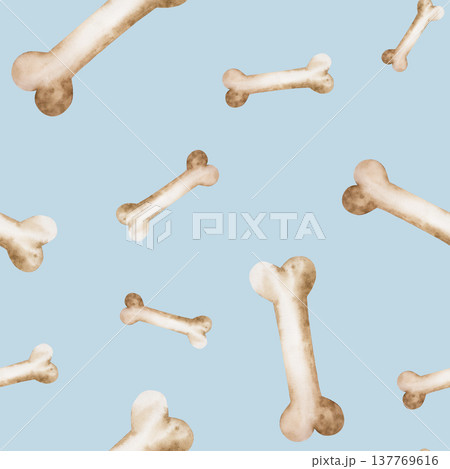 Watercolor seamless pattern with hand drawn prehistoric dinosaur or dog bone, animal. Isolated illustration on transparent background. Perfect for Pet Product Designs, projects. For designers 137769616