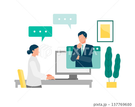 自宅でオンライン講師と話すデスクトップの女性 137769680
