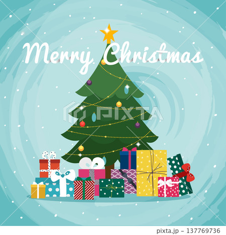 Christmas tree with gifts. Christmas greeting card background poster. Christmas tree with gifts. Christmas greeting card background poster. 137769736