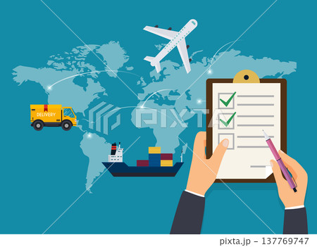 Hand holding clipboard with delivery tracking check. Flat design modern vector illustration concept. Hand holding clipboard with delivery tracking check. Flat design modern vector illustration concept. 137769747