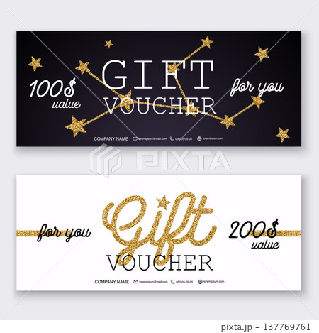 Voucher template with gold gift box, certificate. Background design coupon, invitation, currency. Vector illustration. Voucher template with gold gift box, certificate. Background design coupon, invitation, currency. Vector illustration. 137769761