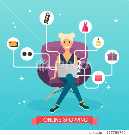 Online shopping concept. Girl do shopping from home. Flat design style modern vector illustration concept. Online shopping concept. Girl do shopping from home. Flat design style modern vector illustration concept. 137769762