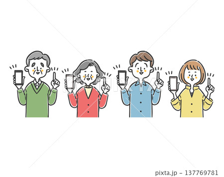 スマホを持って説明する家族二世代　上半身　ベクター 137769781