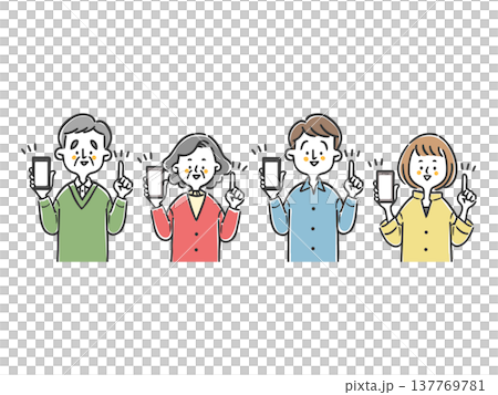 スマホを持って説明する家族二世代　上半身　ベクター 137769781