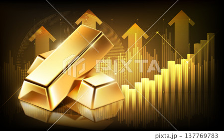Gold bars with financial upward graph and arrows background. Global wealth, investment growth, and rising gold market price concept, vector illustration Gold bars with financial upward graph and arrows background. Global wealth, investment growth, and rising gold market price concept, vector illustration 137769783