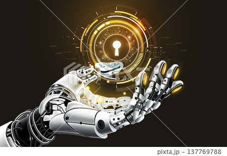 Futuristic robotic hand with glowing keyhole interface, symbolizing cybersecurity, solution key of success and AI-driven secure technology innovation, vector illustration 137769788