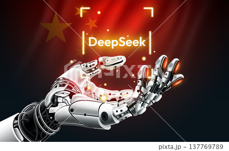 Futuristic robotic hand holding a glowing DeepSeek AI hologram against a Chinese flag background. Concept of China artificial intelligence., vector illustration 137769789