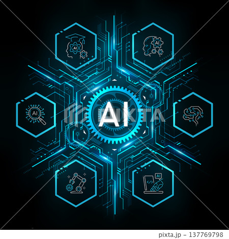 Artificial Intelligence Logo on futuristic technology Hexagon background icon, AI agentic technology concept, neural network, big data, digital Hud futuristic and deep learning, vector illustration 137769798