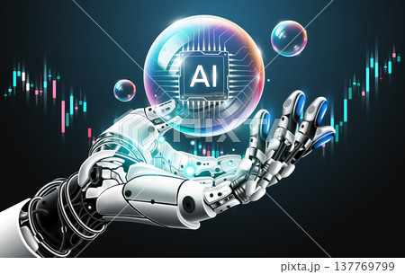 AI technology bubble concept. Robotic hand holding artificial intelligence chip inside a bubble with financial stock market chart, vector illustration AI technology bubble concept. Robotic hand holding artificial intelligence chip inside a bubble with financial stock market chart, vector illustration 137769799