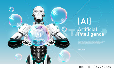 Futuristic AI robot holding a soap bubble containing an AI chip symbol. Concept of technology market hype, investment risk, or fragile innovation, vector illustration Futuristic AI robot holding a soap bubble containing an AI chip symbol. Concept of technology market hype, investment risk, or fragile innovation, vector illustration 137769825