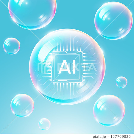 Artificial Intelligence Bubble Concept, AI processor chip in a bubble. Symbolizing the AI tech market bubble, speculation, and hype, vector illustration Artificial Intelligence Bubble Concept, AI processor chip in a bubble. Symbolizing the AI tech market bubble, speculation, and hype, vector illustration 137769826