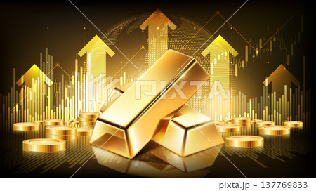 Gold bars with financial upward graph background. Global wealth, investment growth, and rising gold market price concept, vector illustration 137769833