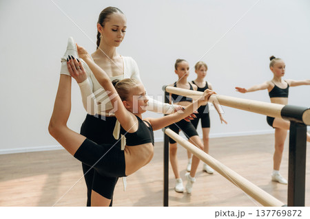 Using wooden plank as support. Trainer is teaching girls ballet dancing Using wooden plank as support. Trainer is teaching girls ballet dancing 137769872