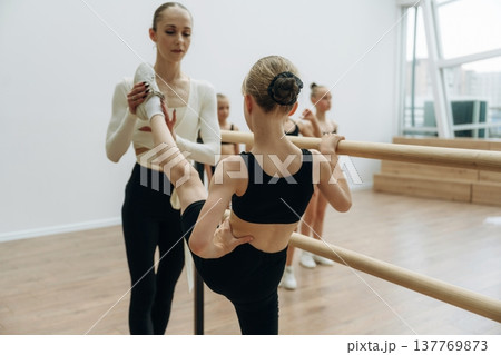 Using wooden plank as support. Trainer is teaching girls ballet dancing Using wooden plank as support. Trainer is teaching girls ballet dancing 137769873