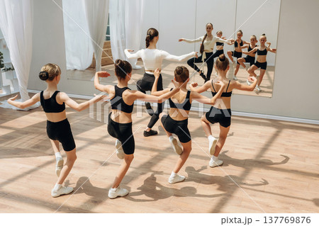 Looking at the mirror. Trainer is teaching girls ballet dancing Looking at the mirror. Trainer is teaching girls ballet dancing 137769876